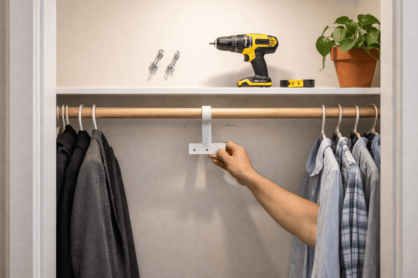 A closet rod center support bracket being mounted to the back wall of a closet with a drill, showing the bracket positioned at the midpoint of a wooden closet rod with clothes hanging on both sides