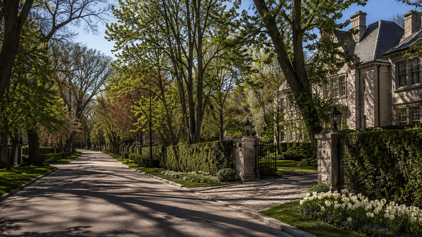 A wooded residential lane in Lake Forest, Illinois, on the North Shore, with mature trees and historic estate properties set back from the road.