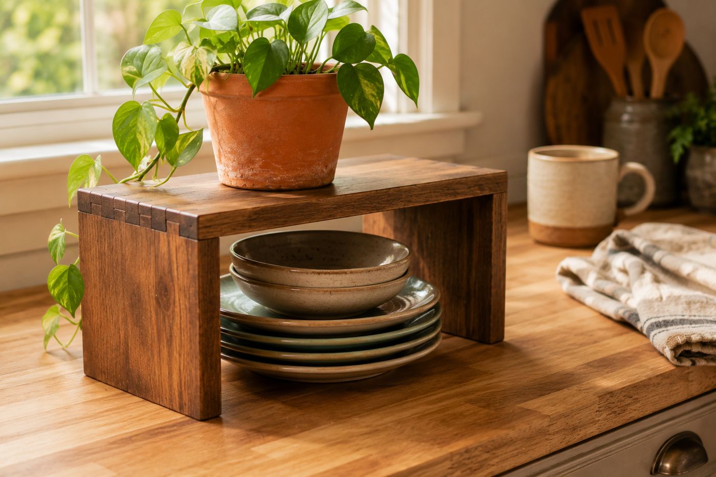 Simple wooden bridge-style riser shelf on a kitchen counter, elevating a small potted plant with dishes tucked underneath
