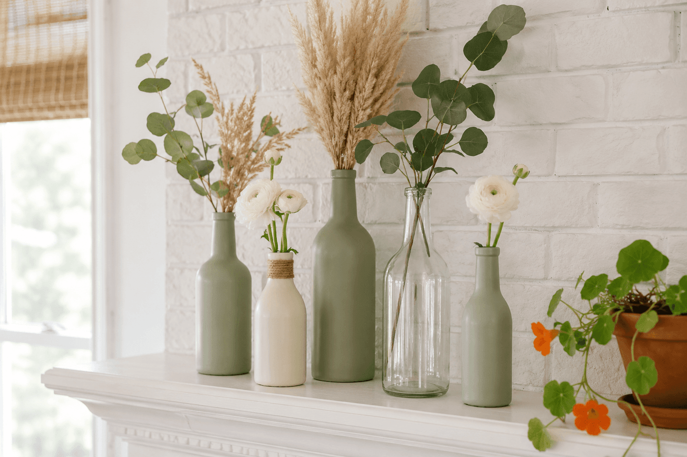 A grouping of five painted glass bottles in varying heights as vases on a white mantel — three in soft sage green, one in warm cream, and one with thin stripe detail — holding eucalyptus stems and dried flowers