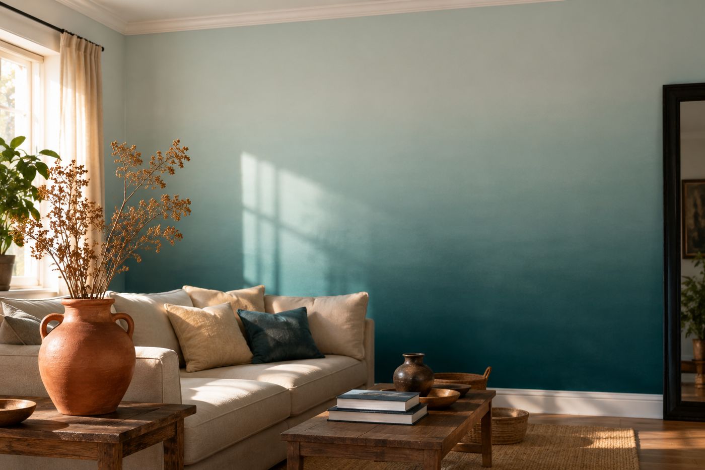 A living room accent wall painted in a smooth ombré gradient from deep teal at the baseboard to pale teal near the ceiling