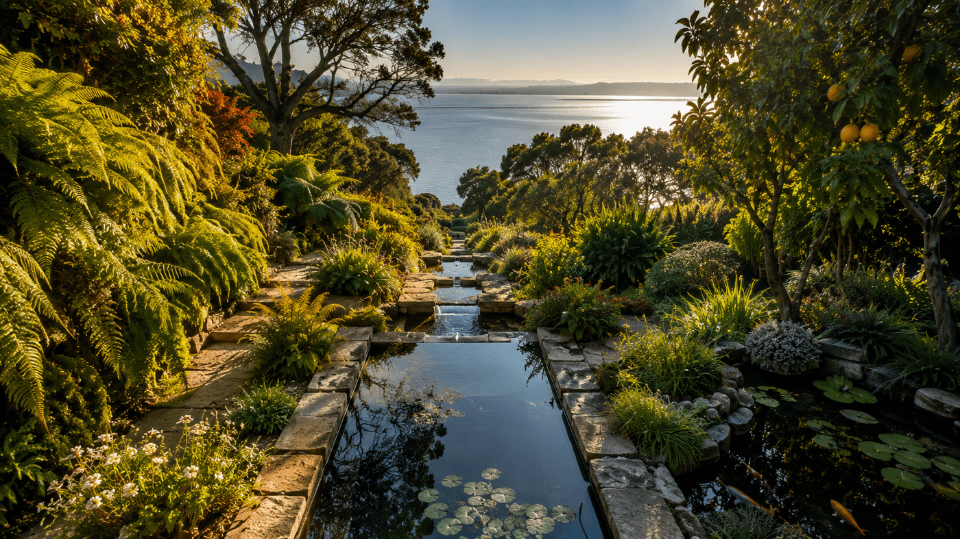 The terraced oceanfront gardens and reflecting pools of Lumiere House in Point Richmond, California