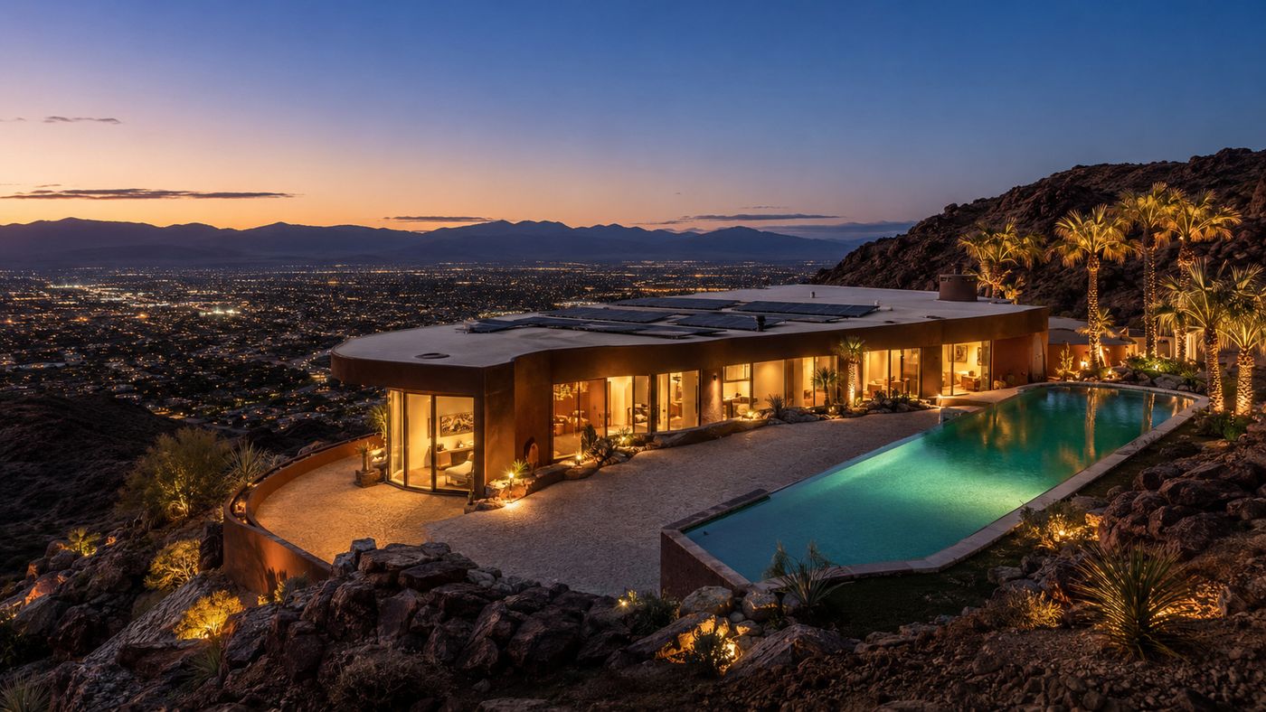 A contemporary desert home setting with mountain views near Palm Desert, California