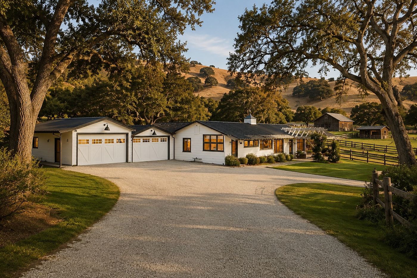 Secluded Malibu ranch compound with main house and converted barn on landscaped grounds