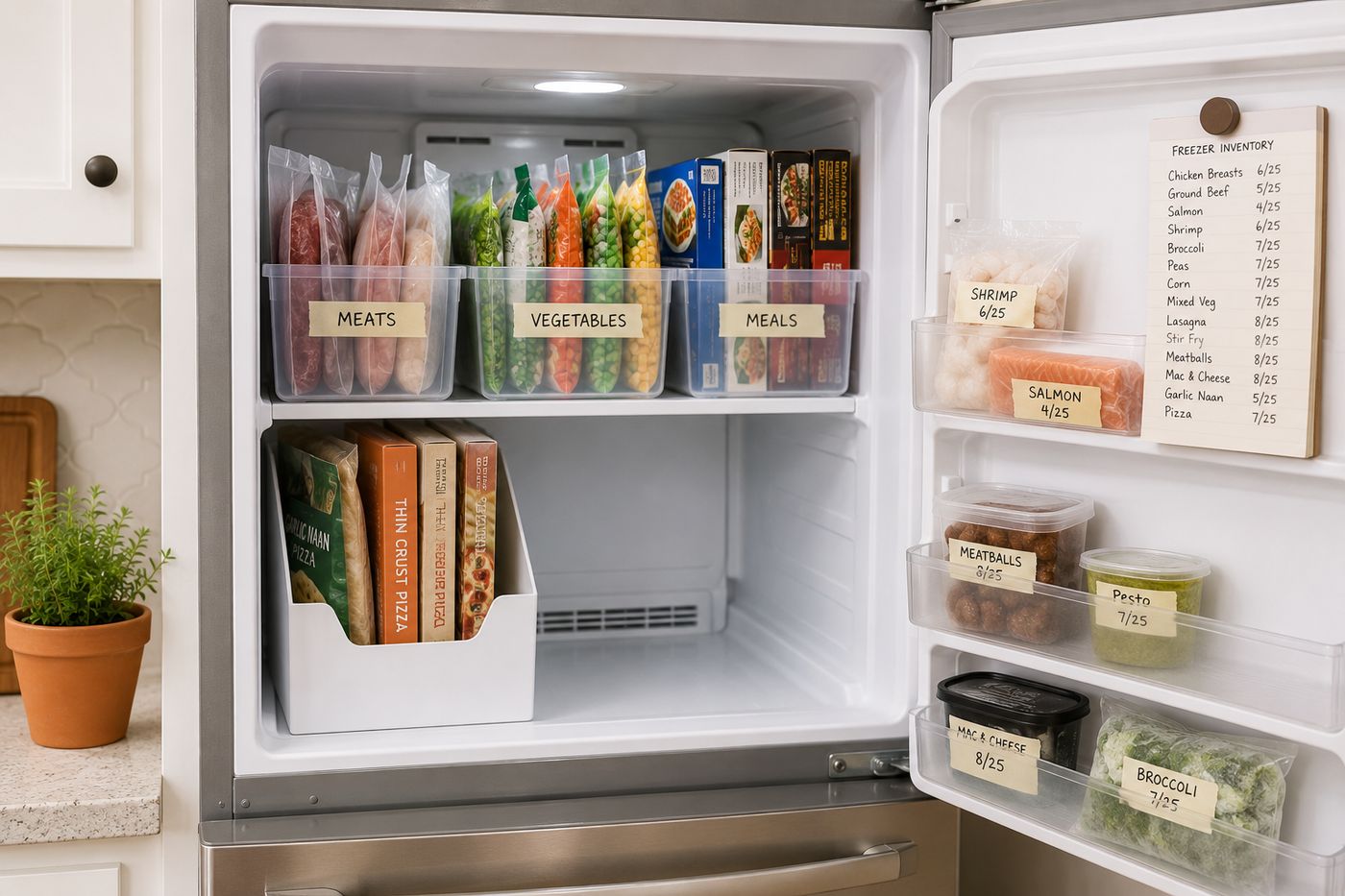 Clean organized open freezer with clear bins grouping meats, vegetables, and frozen meals on separate shelves, items standing upright with masking tape date labels visible, and a handwritten inventory list on the freezer door