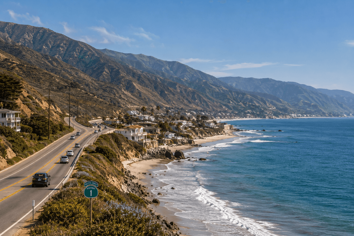 The Malibu coastline along Pacific Coast Highway, with the Santa Monica Mountains meeting the Pacific Ocean at the edge of the beach.