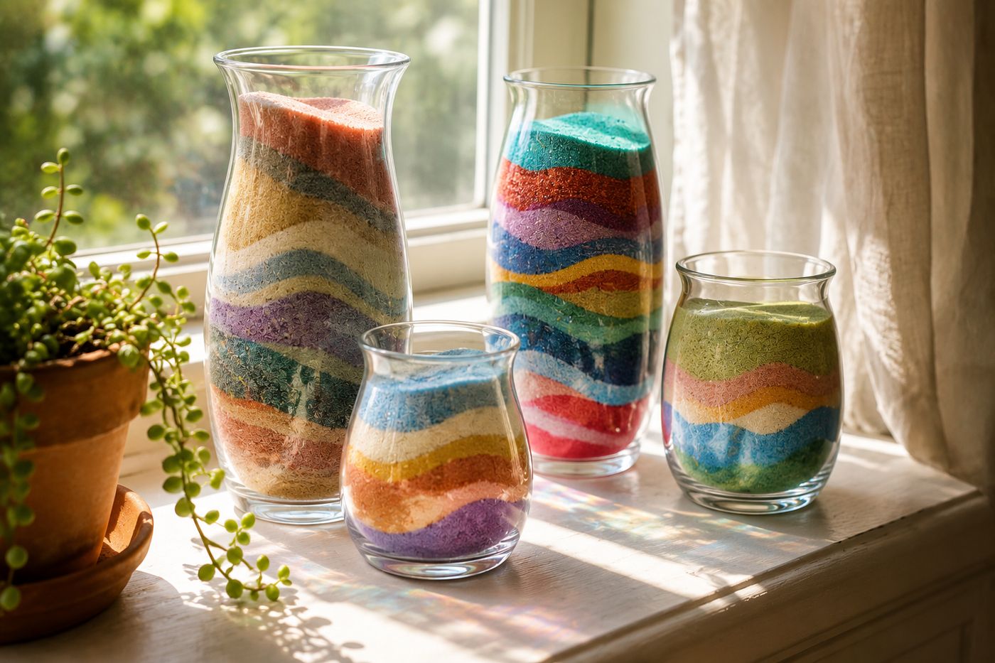 Clear glass vases filled with colorful layered sand art in wavy angled patterns, grouped together on a windowsill