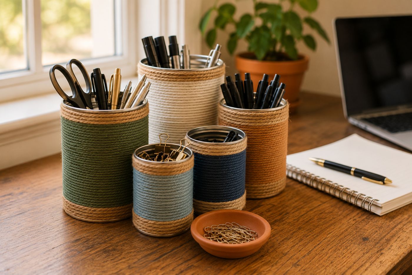 A coordinated set of tin can desk organizers wrapped in twine and painted in complementary colors, holding pens, scissors, and paper clips