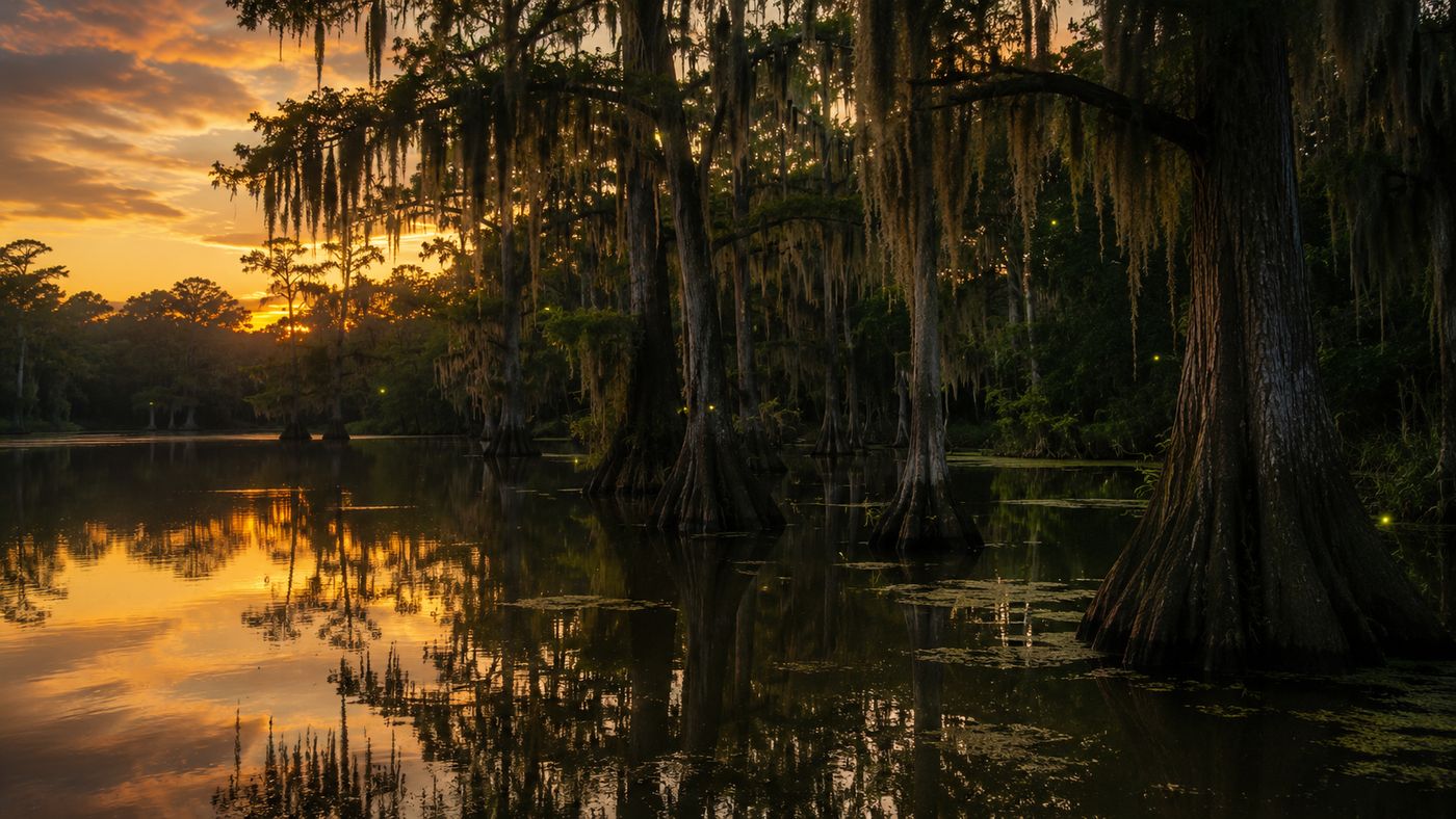 A private bayou landscape near Baton Rouge, Louisiana, with Spanish moss, cypress trees, and still water
