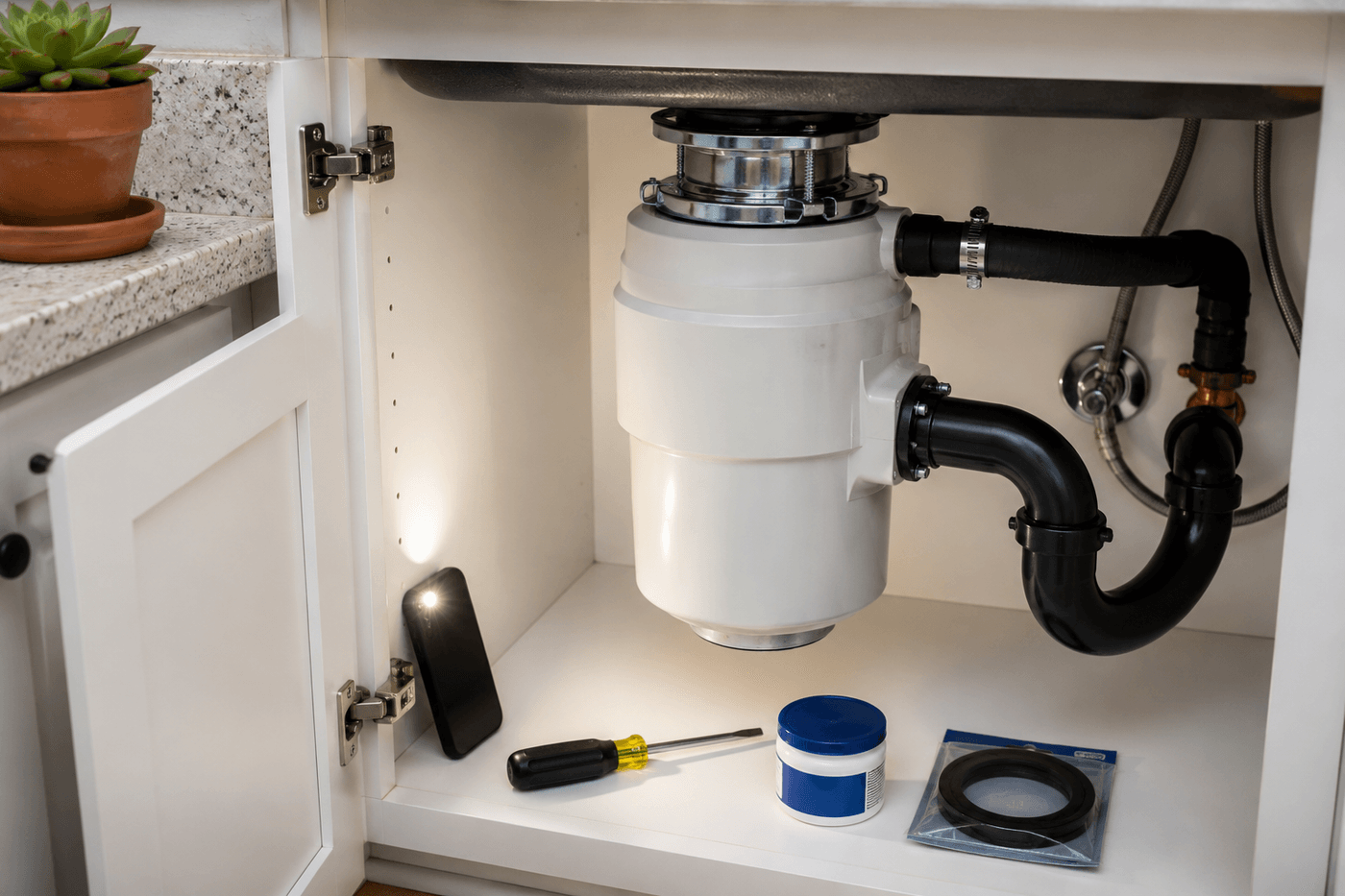 Under-sink view of a garbage disposal showing the three common leak points — the sink flange at the top, the side discharge pipe connection, and the dishwasher hose clamp — with repair tools and plumber's putty visible on the cabinet floor