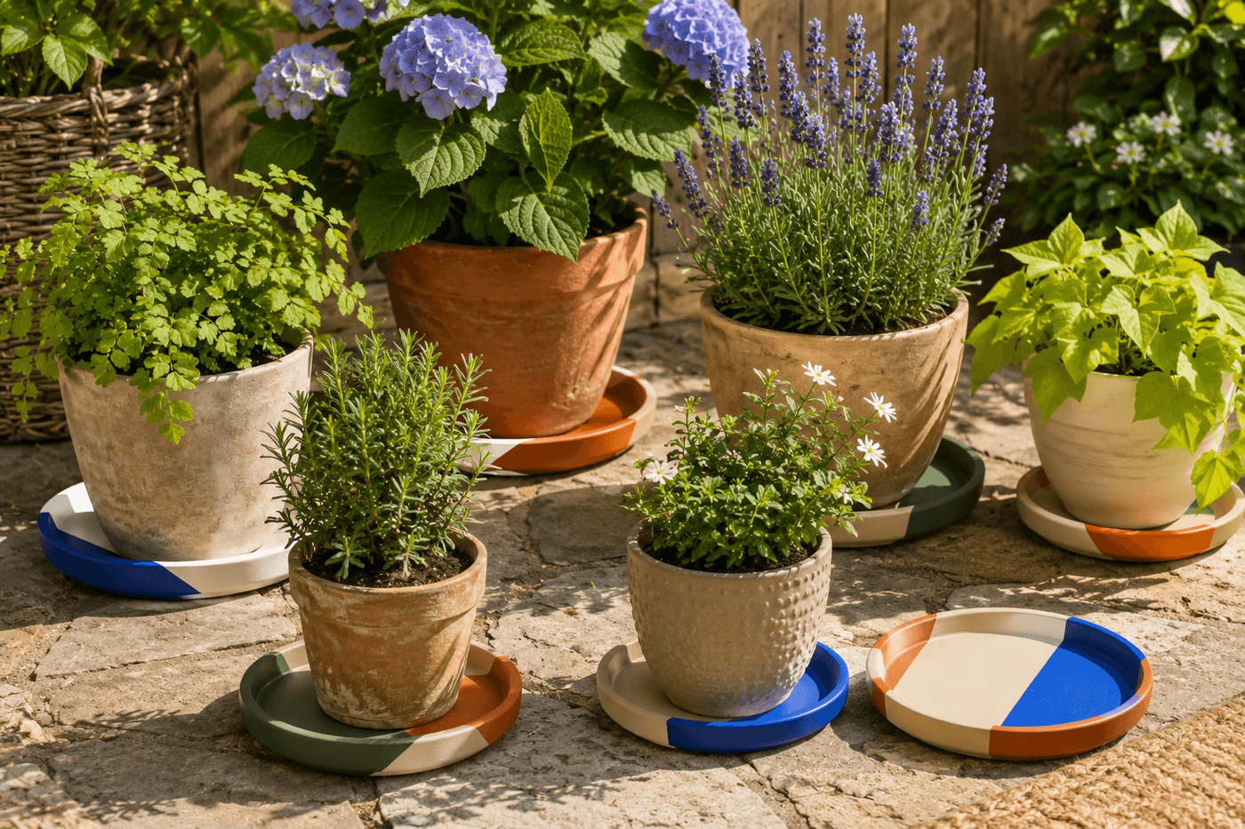 Collection of six terra cotta plant saucers painted in bold color-block geometric designs — cobalt blue and cream halves, diagonal terracotta and forest green thirds, and center circle designs — arranged beneath potted plants on a sunny patio