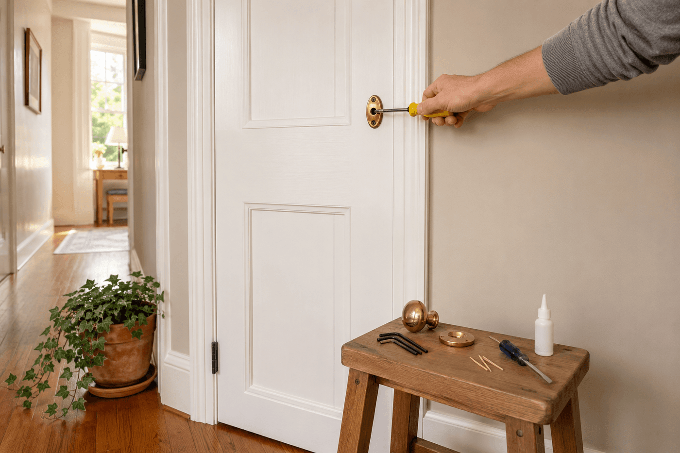 Close-up of an interior door knob being repaired, with mounting screws exposed on the rose plate and a flathead screwdriver tightening them, tools laid out neatly on the floor beside the door