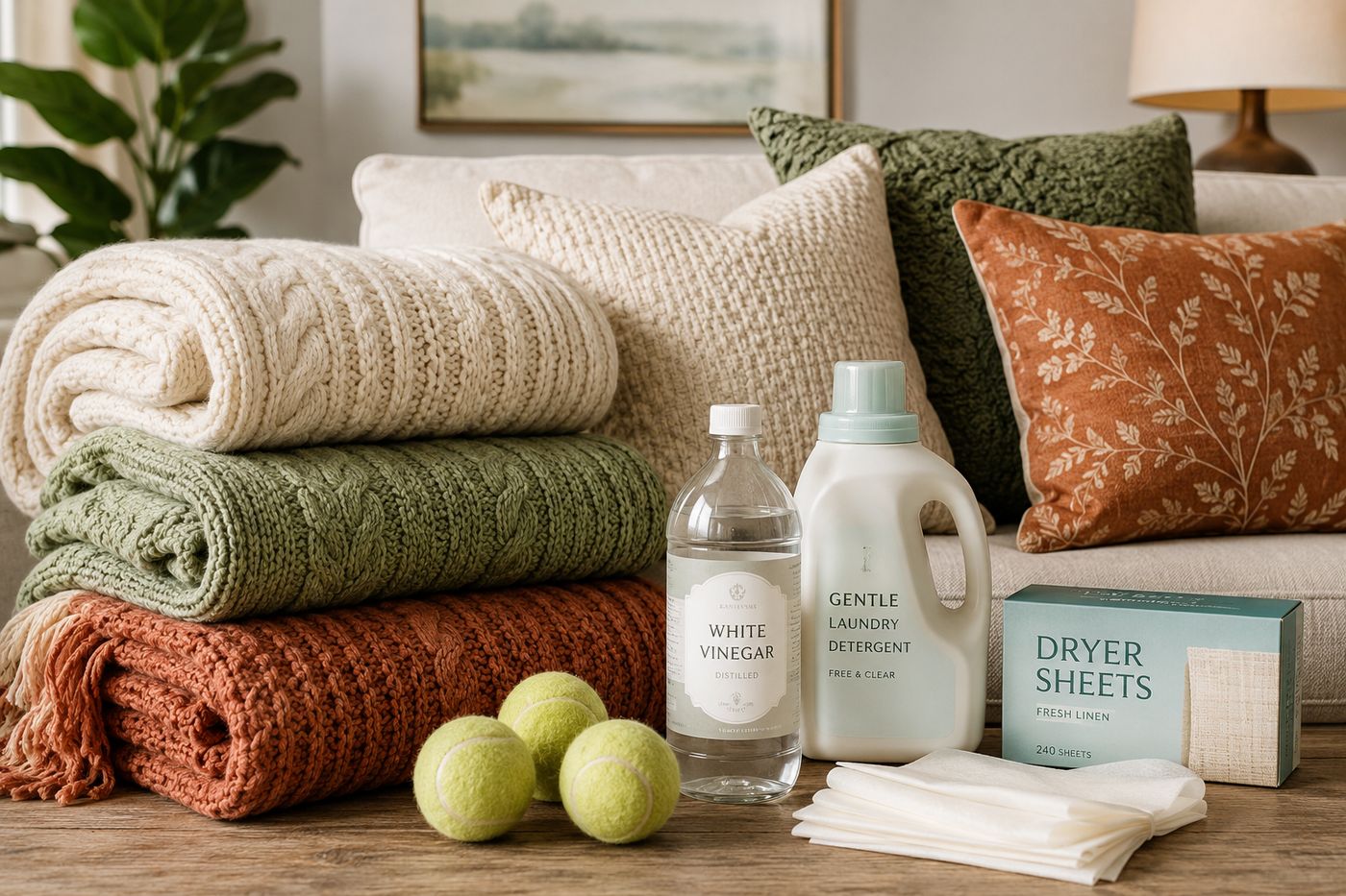 Stack of freshly washed and fluffed throw blankets in cream, sage green, and warm rust folded neatly on a sofa beside plump refreshed decorative pillows, with a bottle of white vinegar and dryer sheets visible on the coffee table as props
