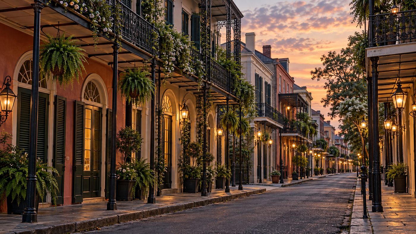 A historic townhouse with wrought-iron balconies on Royal Street in the French Quarter of New Orleans