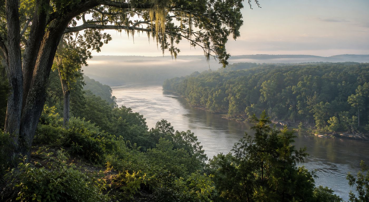The James River and its wooded Virginia shoreline near Richmond, as seen from historic Tuckahoe Plantation