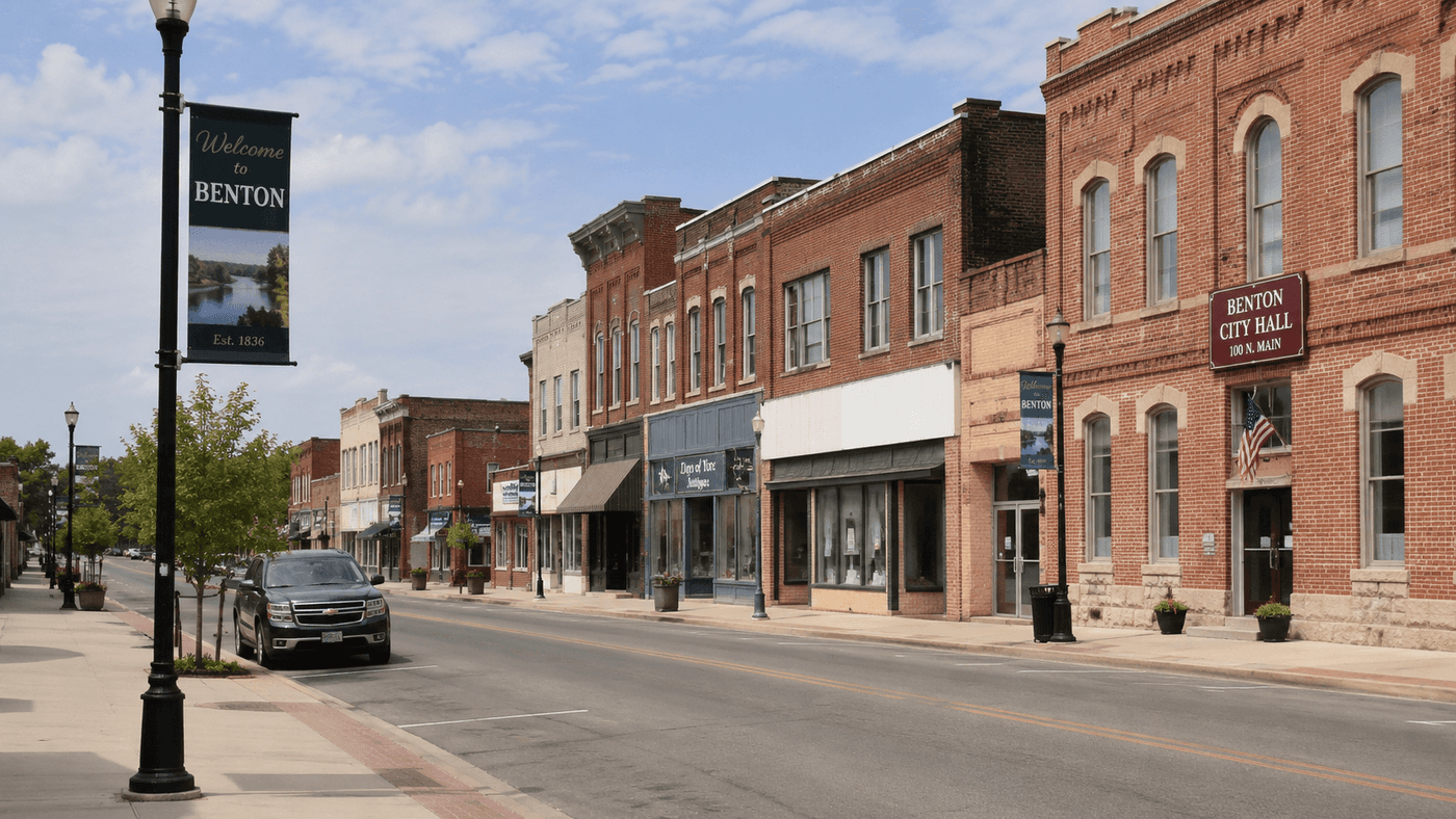 A quiet main street in Benton, Illinois, a small city in Franklin County in Southern Illinois, with brick commercial buildings and wide sidewalks.
