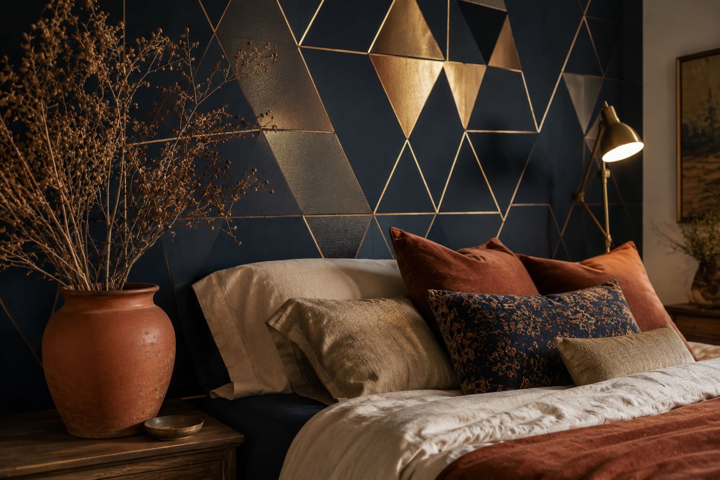Bold metallic gold and copper geometric triangle pattern painted on a deep navy accent wall behind a bed
