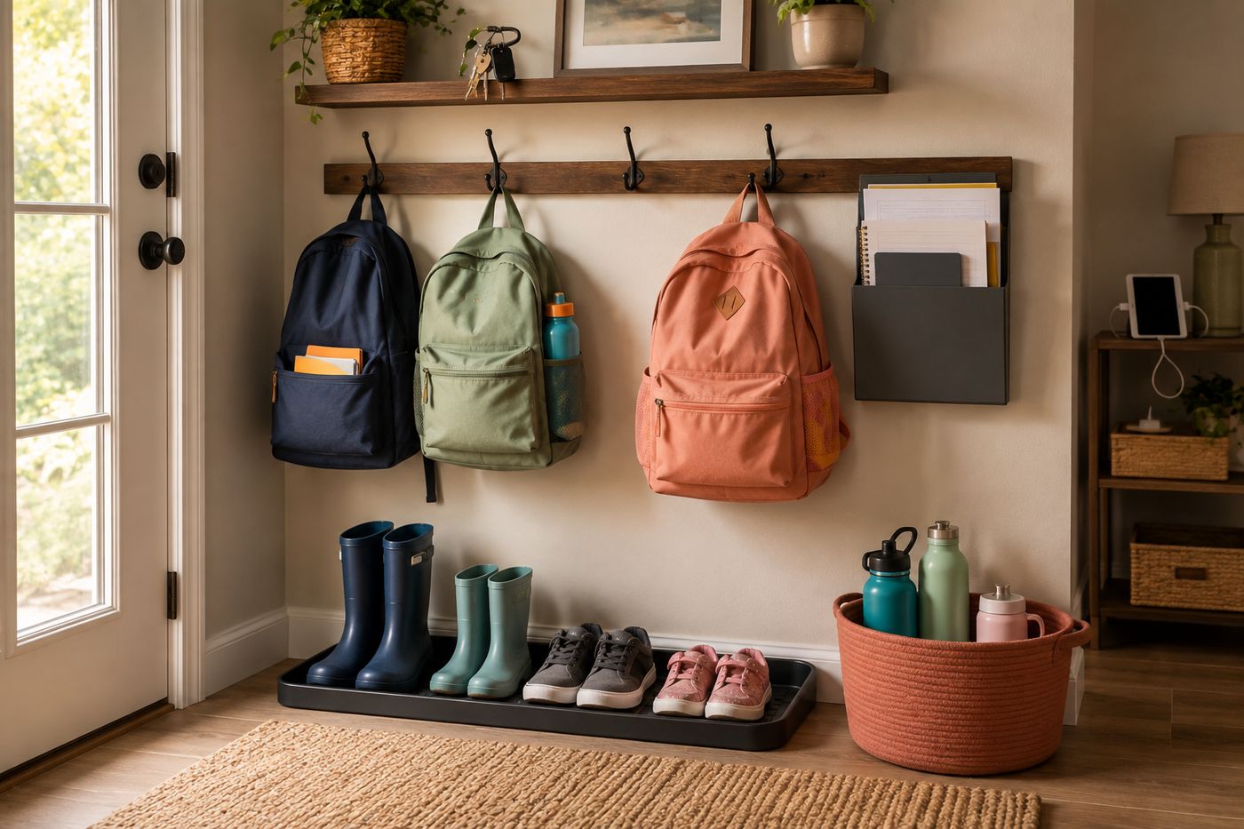 An organized backpack and school gear station near an entryway, with hooks holding backpacks, a shoe basket, and a wall file for papers