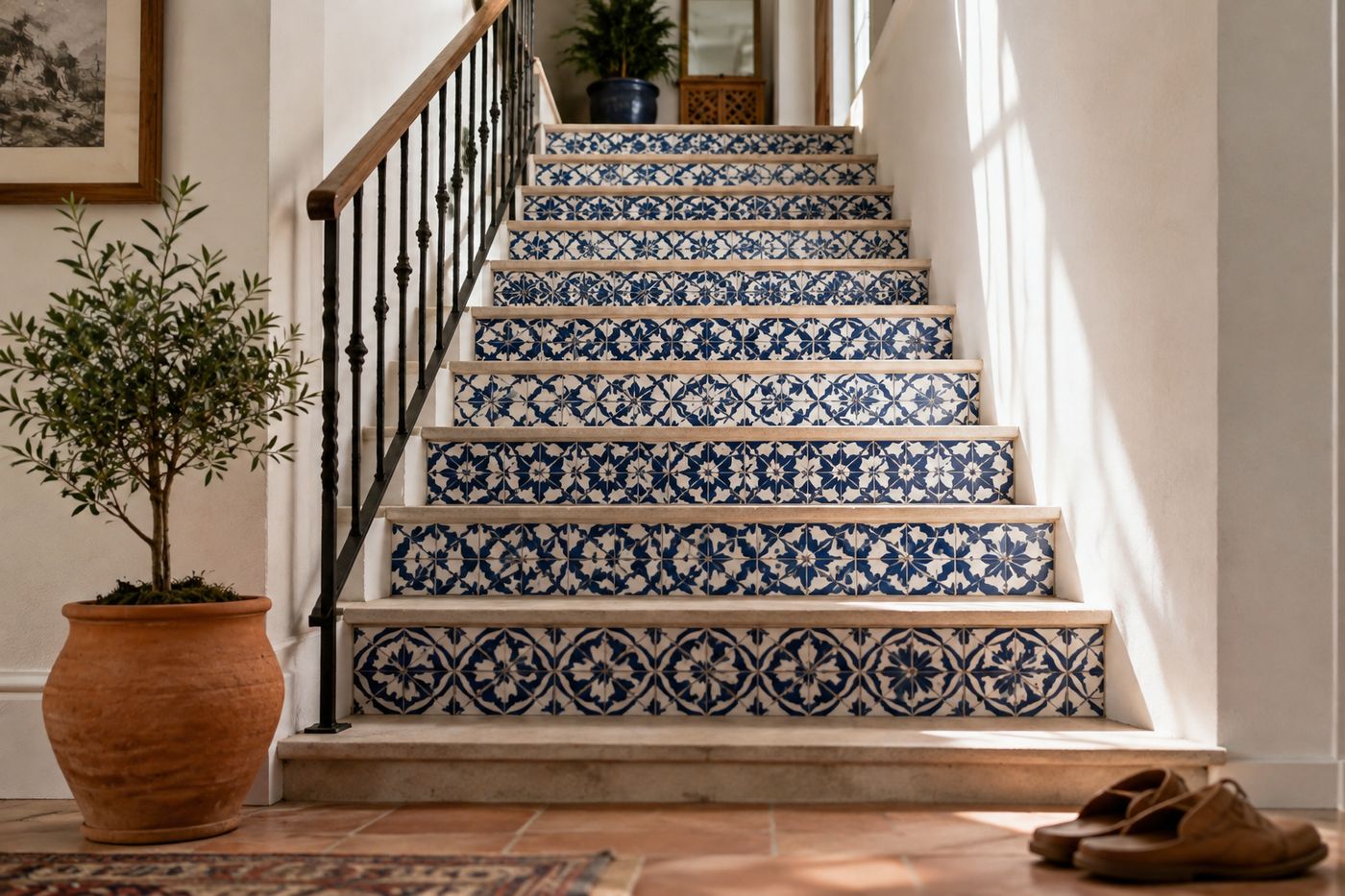 A staircase with bold stenciled tile-pattern risers in deep blue and white, and neutral durable treads, creating a striking focal point