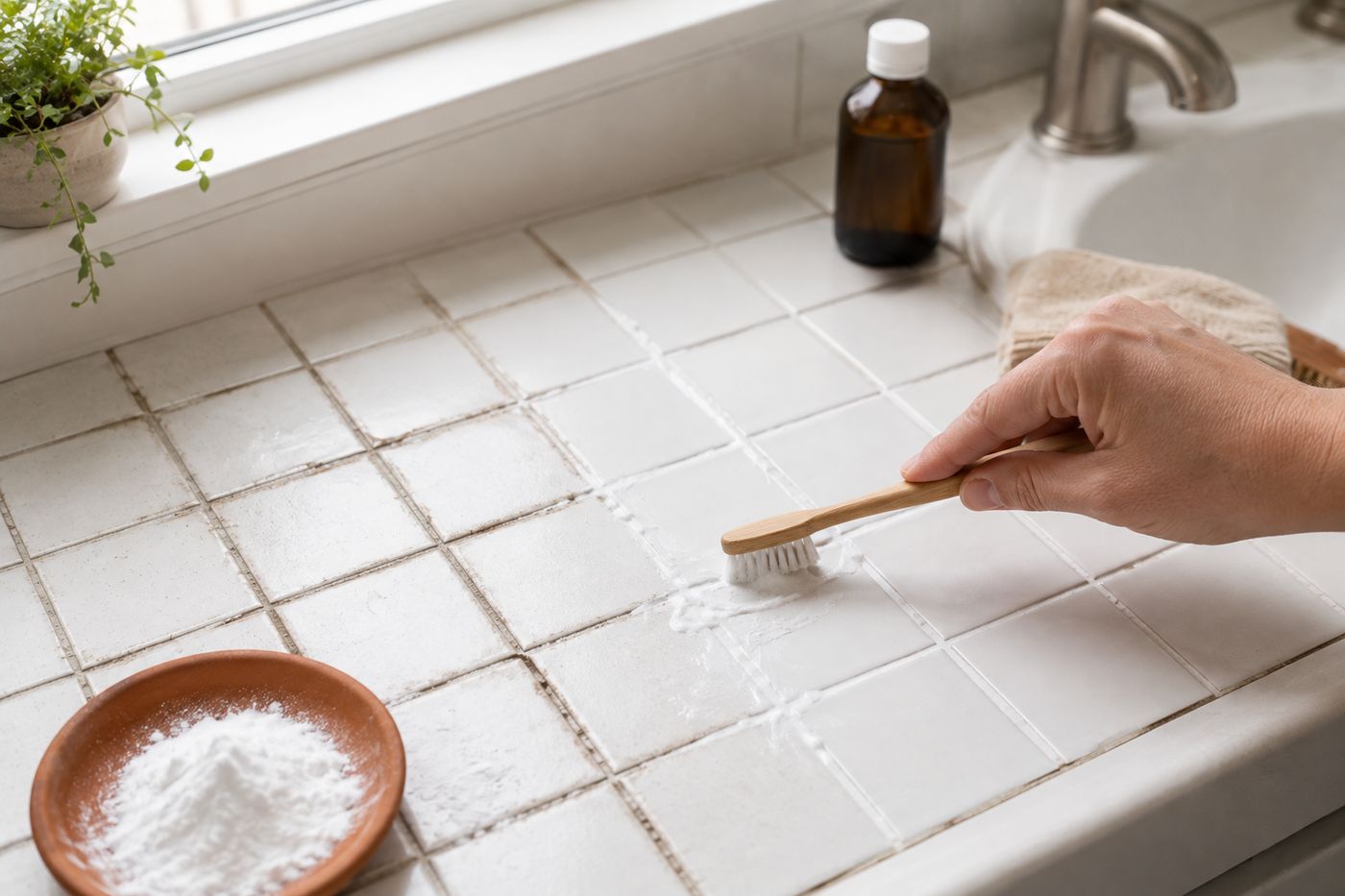A hand scrubbing bathroom tile grout with a baking soda paste and an old toothbrush, showing bright white grout lines emerging