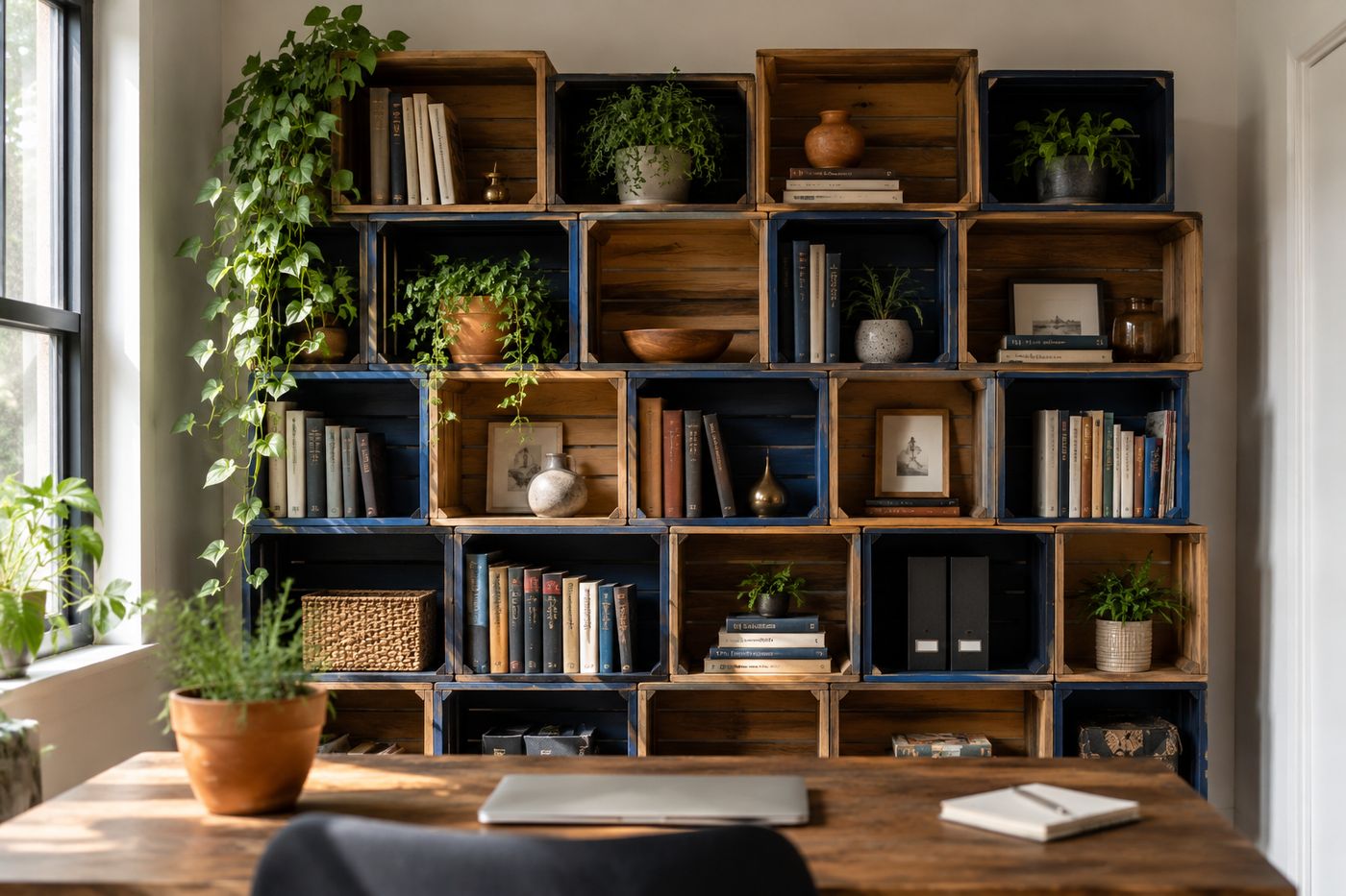 Modular wall bookshelf made from stacked wooden crates in navy and natural wood finishes, filled with books and plants