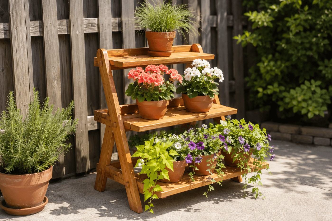 Three-tiered cedar plant stand on a sunny patio holding eight terracotta pots with trailing and upright plants at three heights, showing the stepped platform silhouette and natural cedar finish with exterior sealant