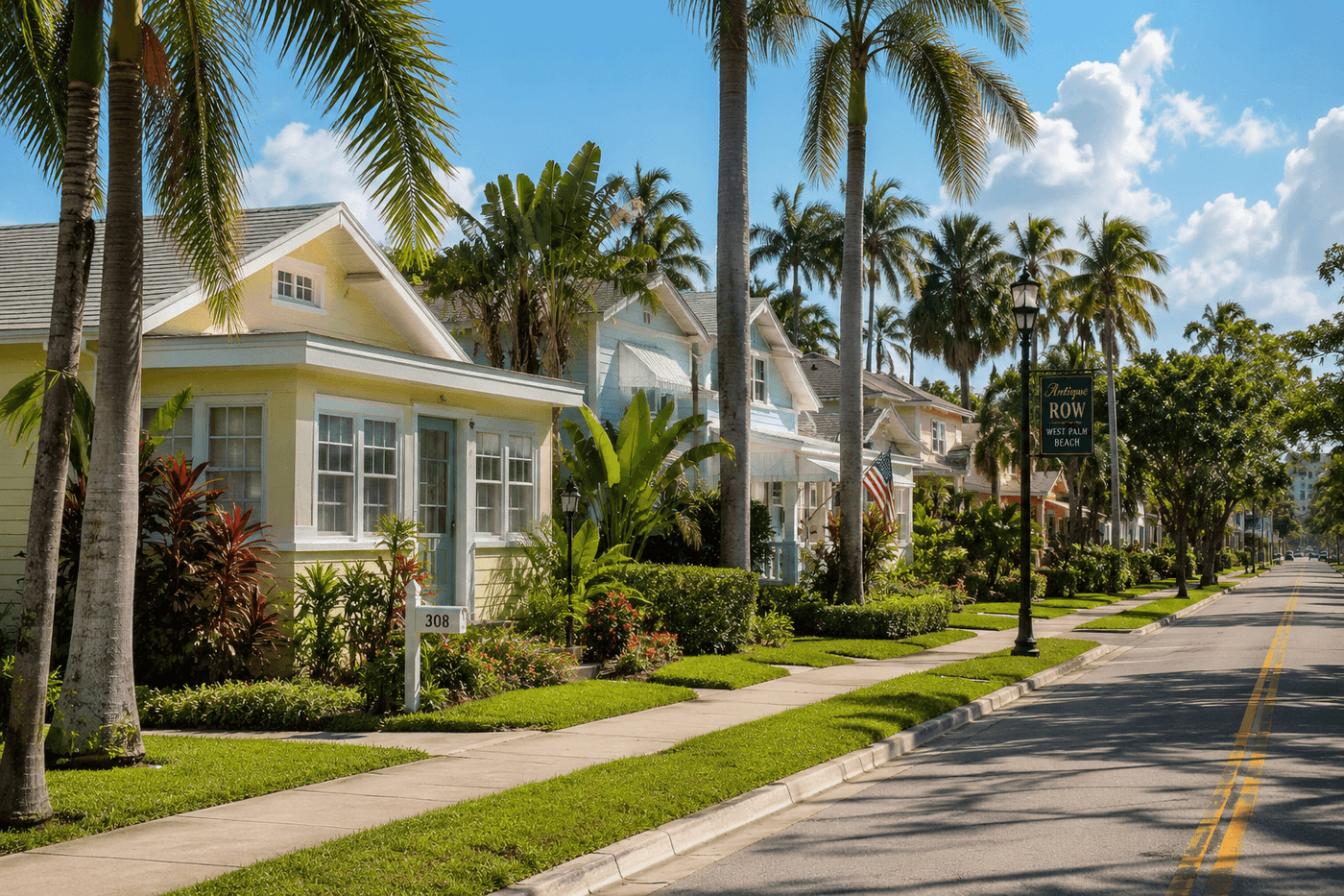 A residential street in West Palm Beach's Southland Park neighborhood, near Antique Row, with 1940s Florida bungalows and tropical landscaping.