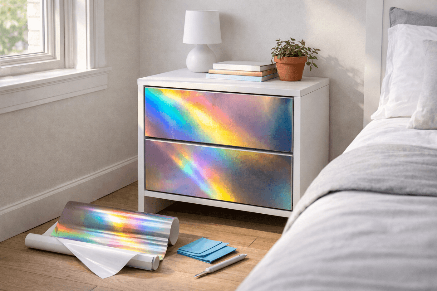 A side table with holographic rainbow vinyl applied in diagonal stripe accents across its drawer fronts, shifting colors as light catches the surface in a bright modern interior