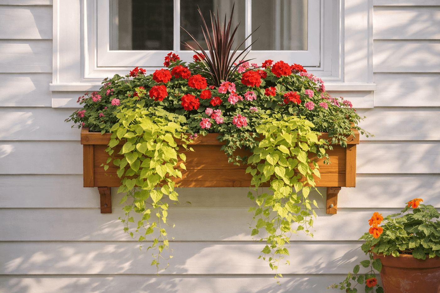 Handbuilt cedar window box planter mounted beneath a white-framed window, overflowing with trailing petunias, geraniums, and sweet potato vine in full summer bloom