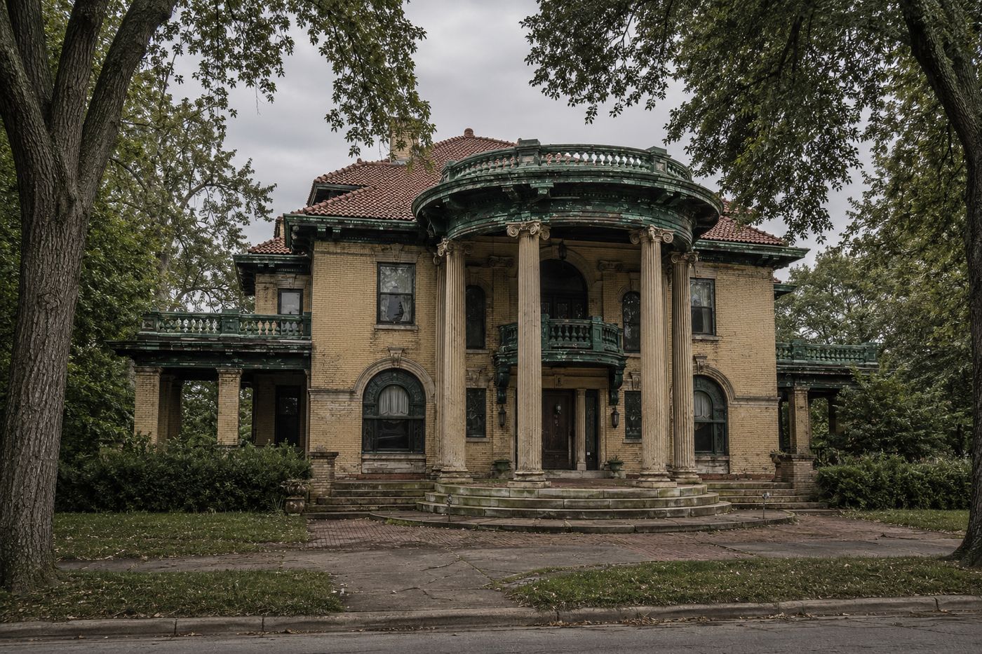 A grand Victorian mansion on a tree-lined street in Decatur, Illinois, showing ornate architectural detail and weathered grandeur