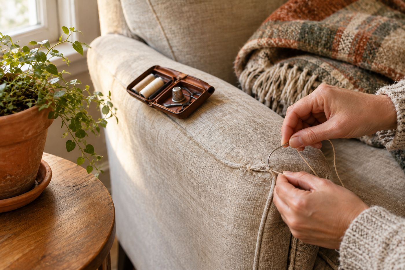 A hand using a curved upholstery needle and waxed thread to repair a torn seam on an armchair cushion