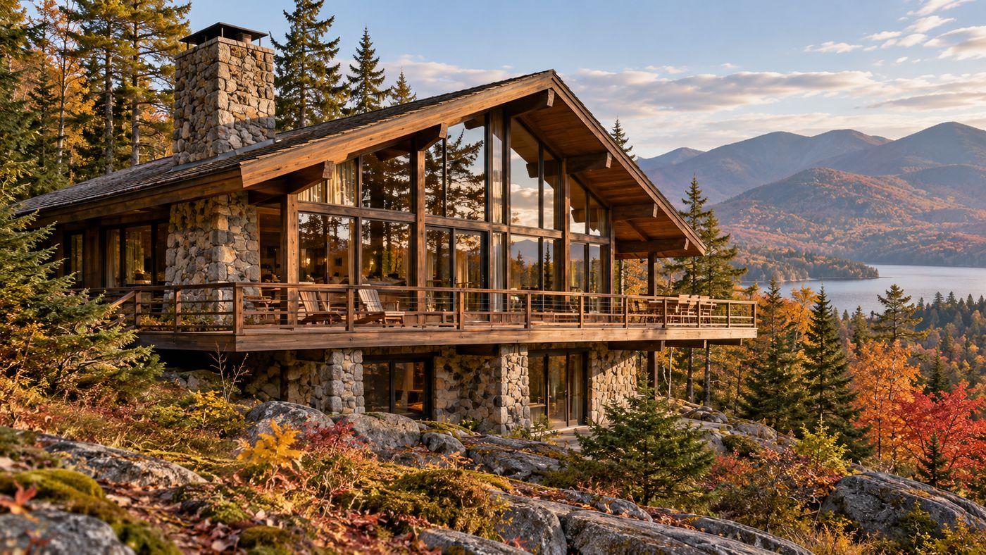 Mid-century Alpine chalet exterior in Lake Placid, New York, owned by the same family for nearly 50 years