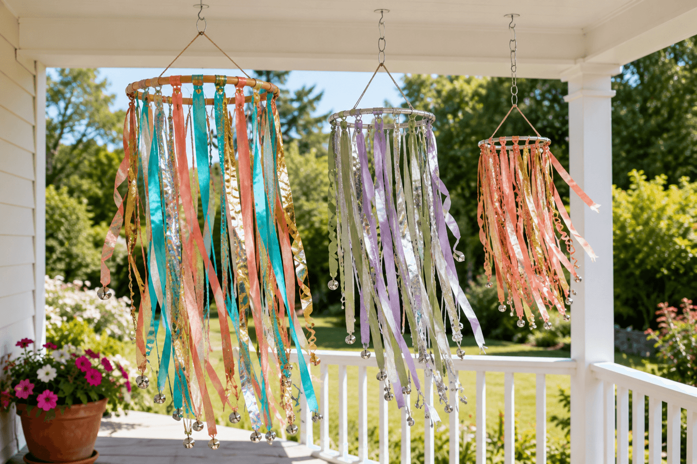 Three ribbon wind spinners hanging at different heights on a sunny porch showing iridescent, satin, and metallic ribbon curtains in coordinating coral, gold, and turquoise tones dancing in a light breeze with small jingle bells visible at the ribbon ends