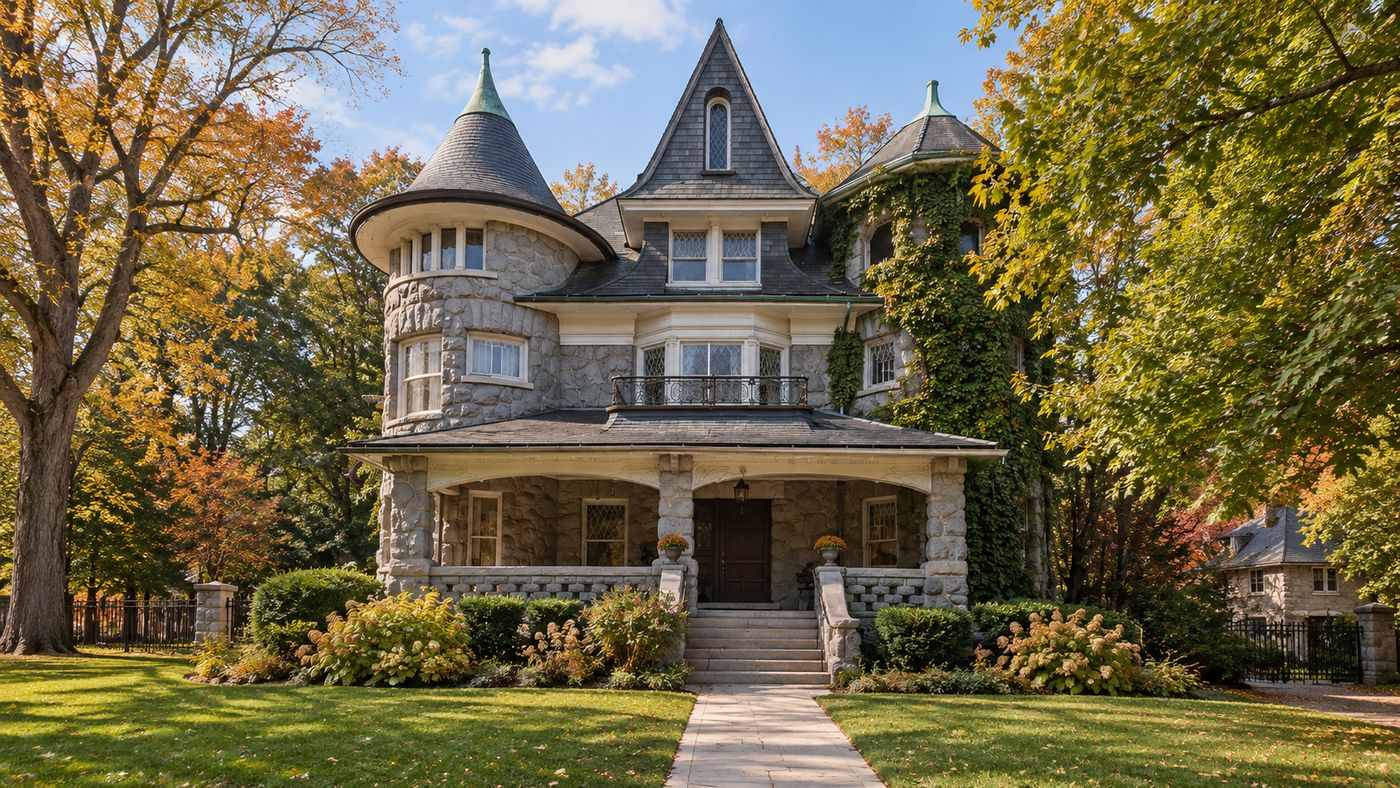 Historic mansion with grand entry and coach house known as The Castle on Ridge in Evanston, Illinois