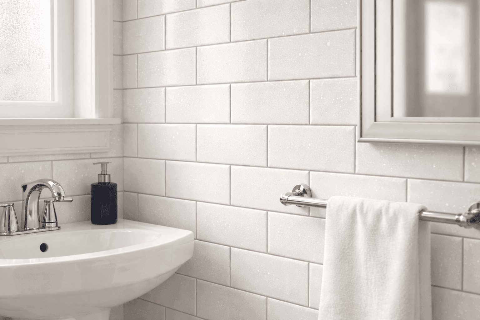 White subway tile bathroom wall with sparkling silver glitter grout lines catching natural light creating glamorous shimmer effect