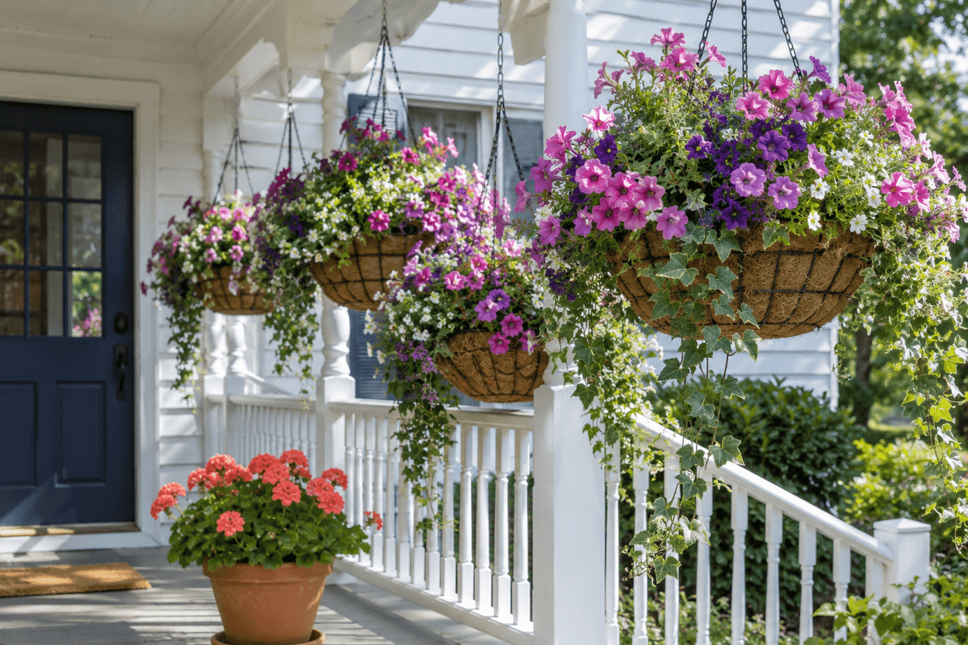 Row of lush wire hanging baskets overflowing with trailing petunias and ivy on a sunny front porch, lined with burlap and natural fiber materials