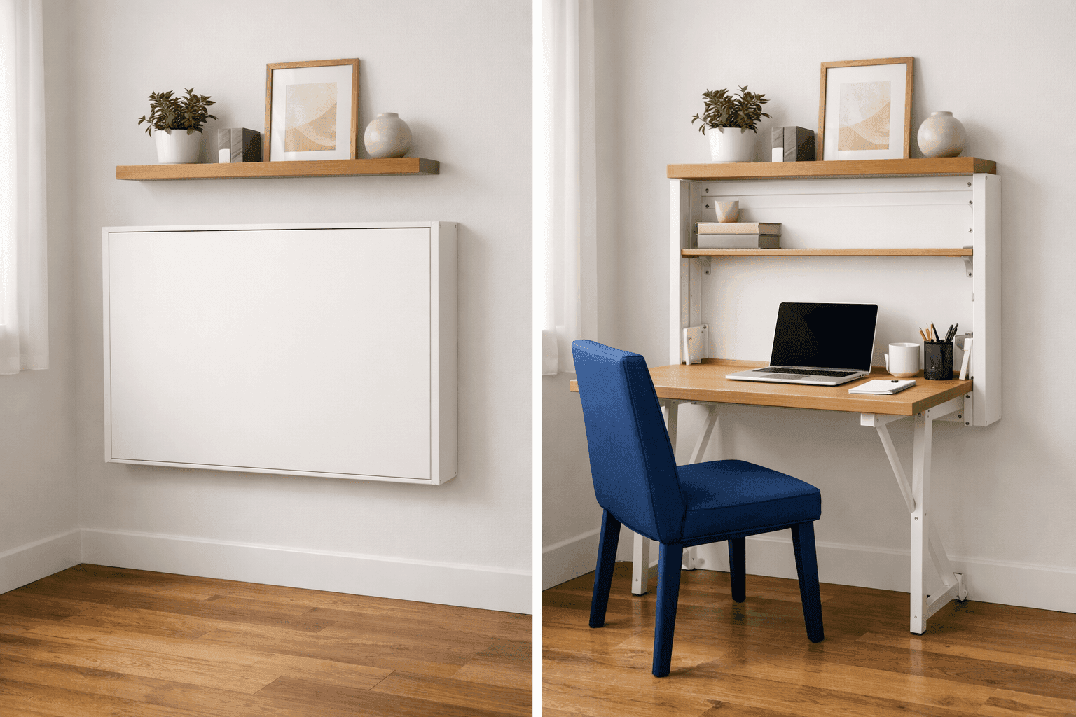 Murphy-style fold-down desk mounted on wall showing both open working position and folded up space-saving position