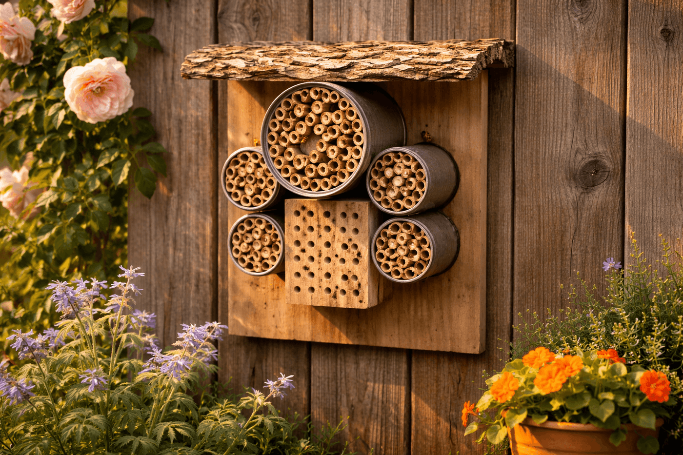 Handmade bee hotel mounted on a sunny fence with bamboo tubes and drilled wood blocks packed into tin cans with a bark roof overhang, with a mason bee visible at one tube entrance