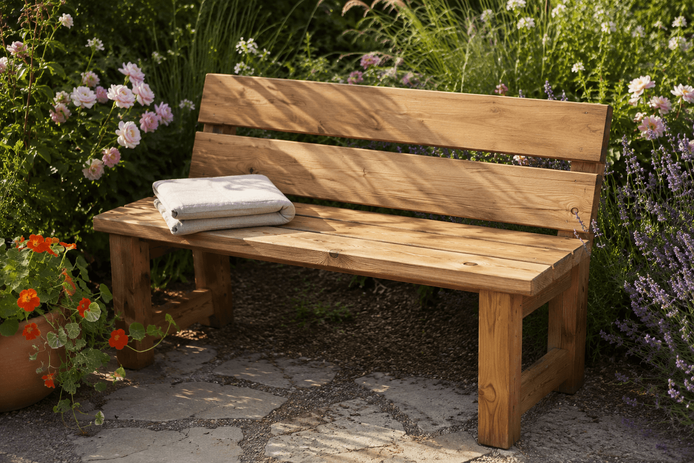 A handbuilt cedar garden bench with three seat boards and angled back support standing in a lush garden setting with flowering plants on both sides