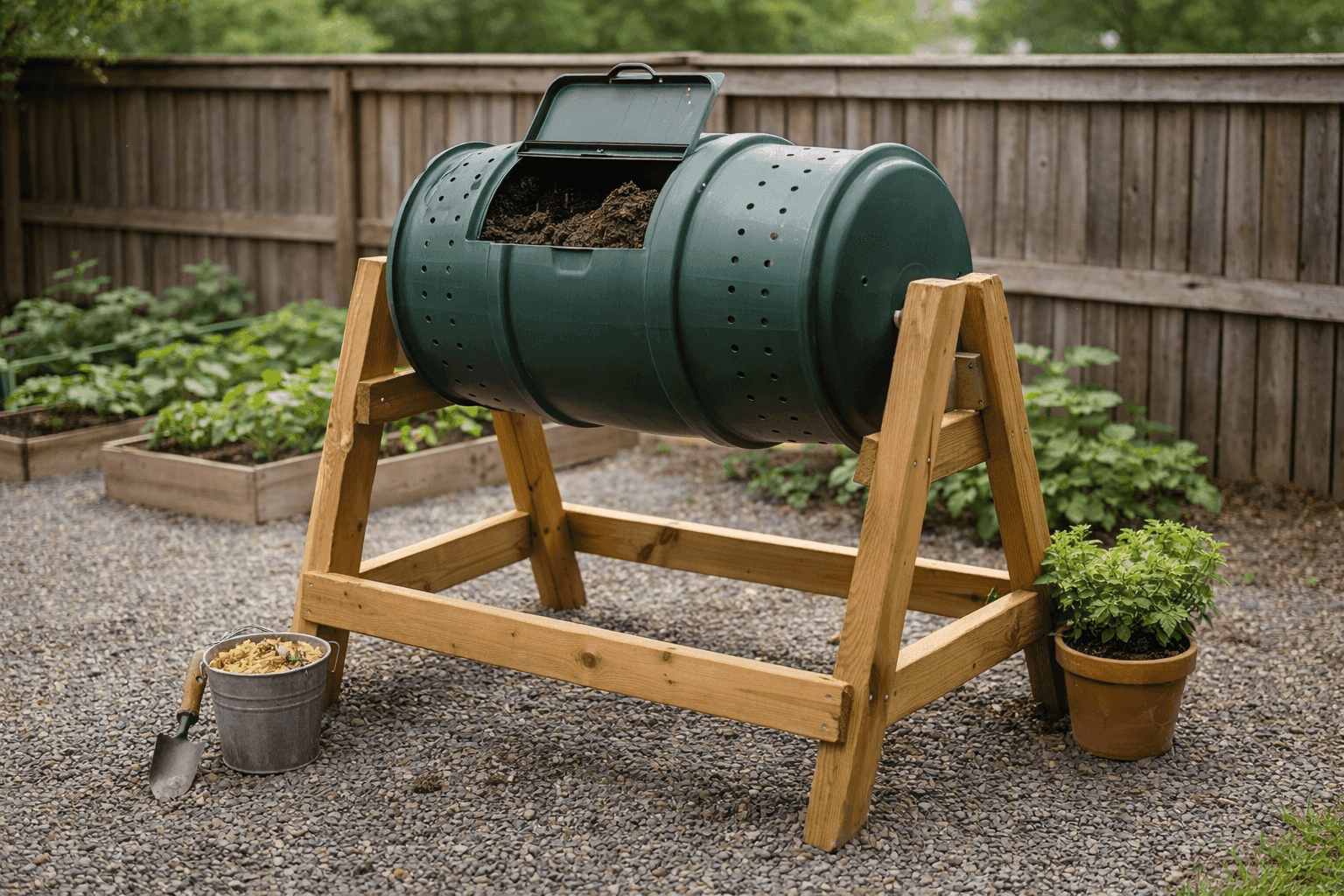 A DIY compost tumbler made from a black plastic barrel mounted on a wooden sawhorse-style frame in a sunny backyard garden corner, with a hinged lid open showing dark rich compost inside and a garden spade resting against the frame