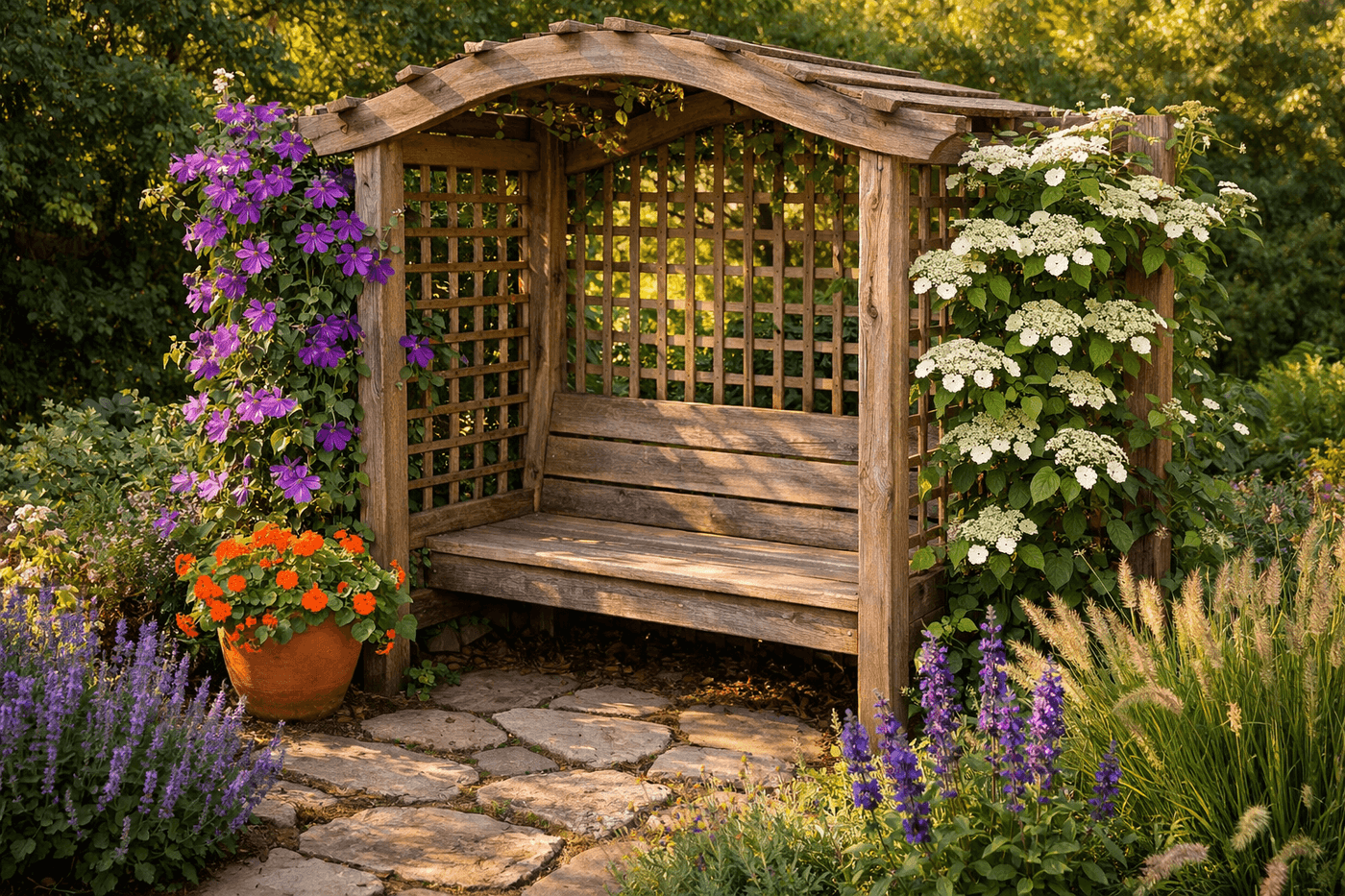 Handbuilt cedar garden arbor bench with lattice side trellises covered in climbing clematis and hydrangea vines in full bloom in a sunny backyard garden corner