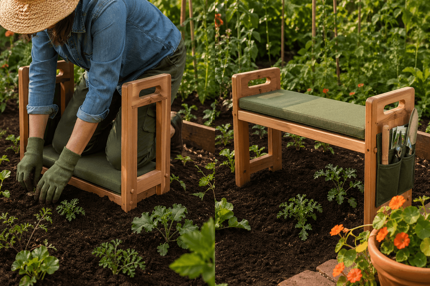 Handbuilt wooden garden kneeler bench with padded top surface and canvas tool storage pockets on each side, shown both in kneeling position and flipped to bench position in a garden setting