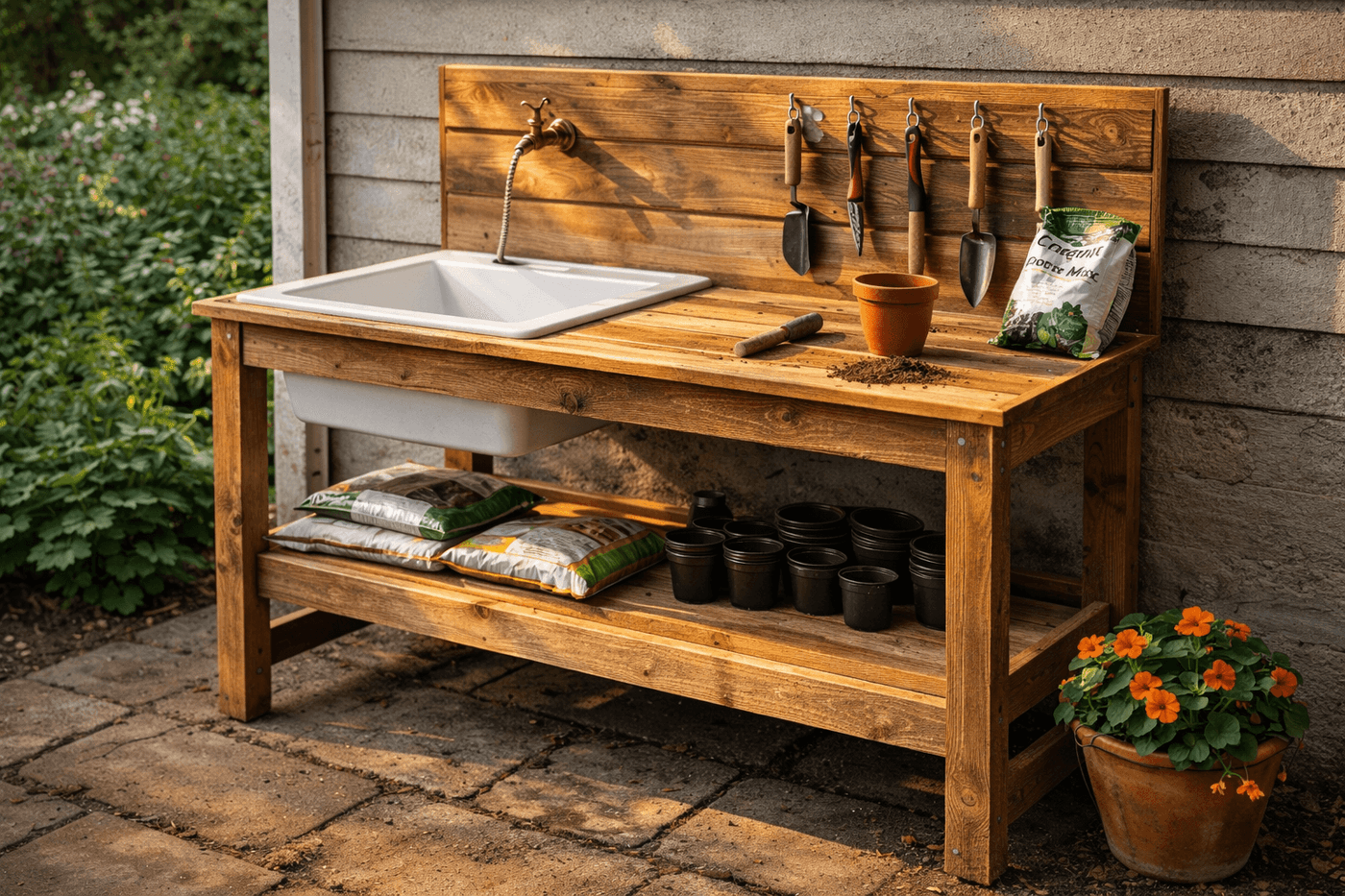 Handbuilt cedar garden potting bench with a drop-in farmhouse sink basin, lower storage shelves stacked with soil bags, and tool hooks along the back board, standing against a garage wall in a lush garden setting
