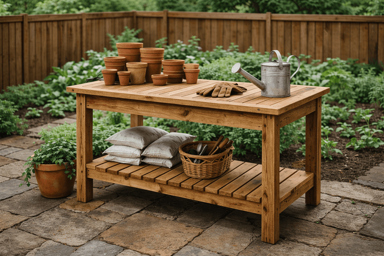 Rustic wooden potting table with lower storage shelf holding bags of soil and terracotta pots, set against a wood fence in a sunny backyard garden space