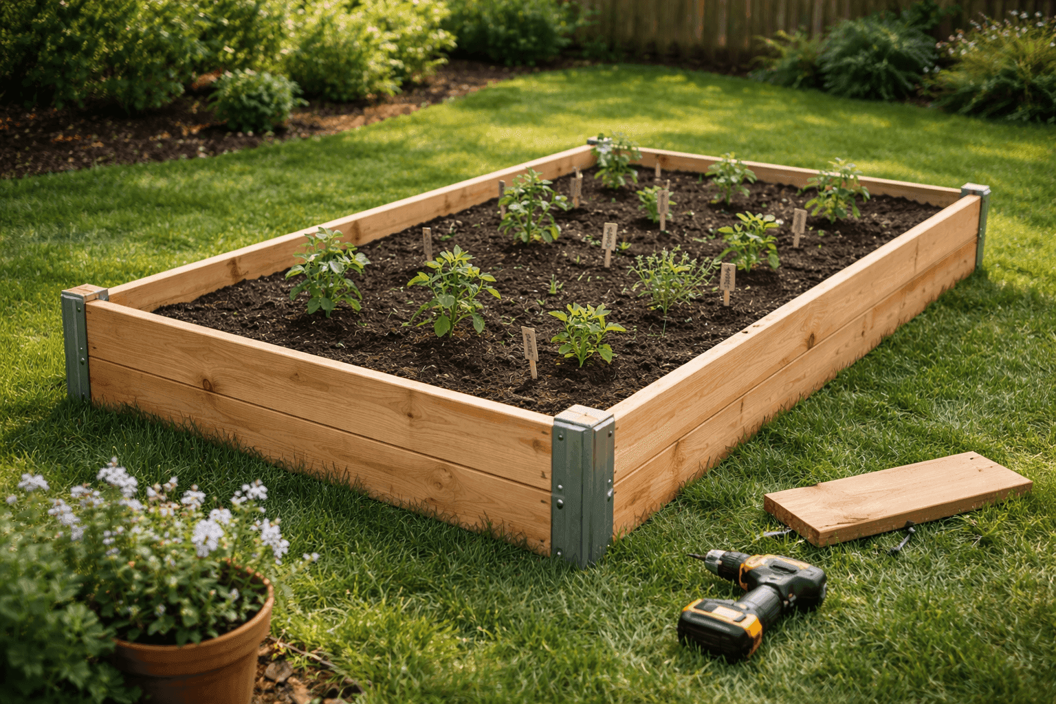 A freshly assembled cedar raised garden bed with visible metal corner brackets, filled with dark rich compost soil and newly planted seedlings, sitting on a green lawn in bright spring afternoon light