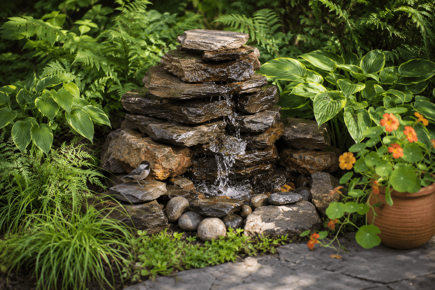 A handbuilt stacked stone garden water feature with water trickling over flat stones into a hidden reservoir basin, surrounded by lush ferns and hostas in a shaded garden corner