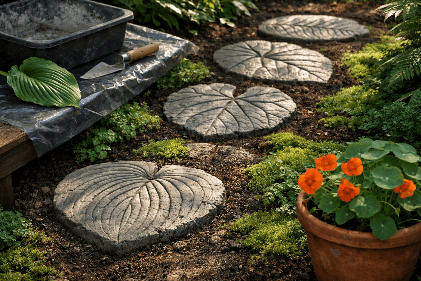 Four concrete leaf stepping stones with deeply impressed botanical vein detail cast from hosta and elephant ear leaves laid in a winding shade garden path