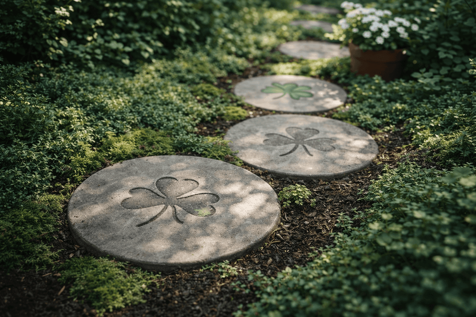 Three finished concrete stepping stones with pressed shamrock impressions set into a lush green garden path, surrounded by ground cover plants and dappled sunlight filtering through nearby shrubs