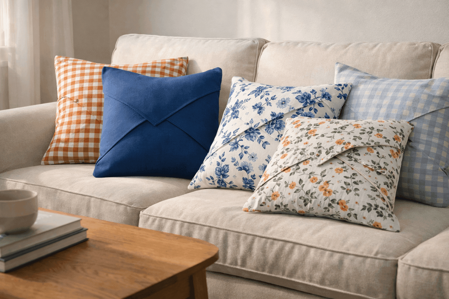 Decorative throw pillows covered with folded cloth napkins secured by hidden safety pins on sofa showing seasonal update
