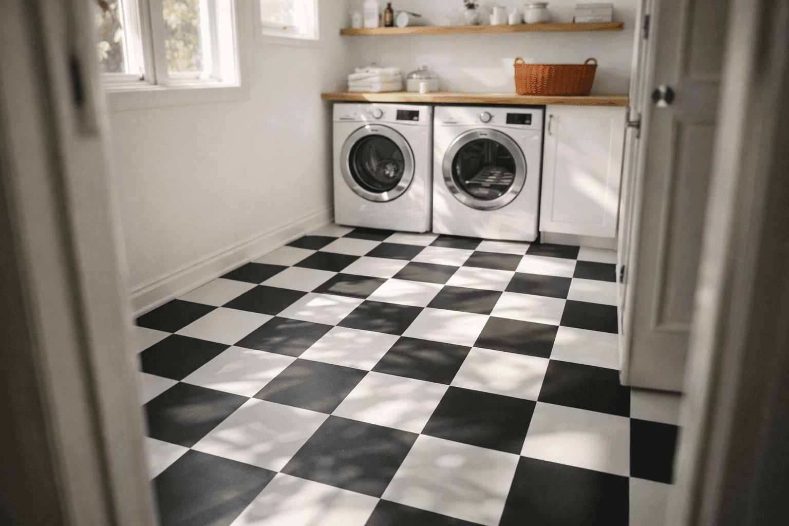 Bold black and white checkerboard painted floor pattern in modern laundry room with graphic contrast